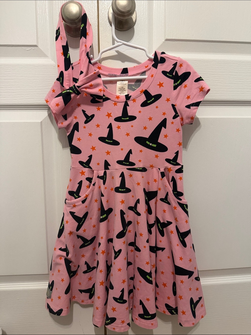 Eleanor Rose Pink Witch Hat Print Knit Dress with Matching Headband size 6